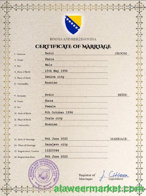 Bosnia and Herzegovina marriage certificate PSD template,